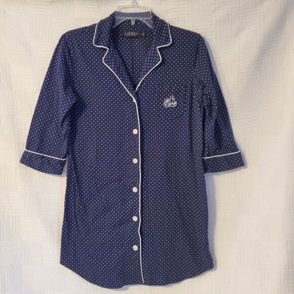 Lauren Ralph Lauren Bingham Knits Cotton‎ Sleepshirt Womens Small Navy Polka Dot